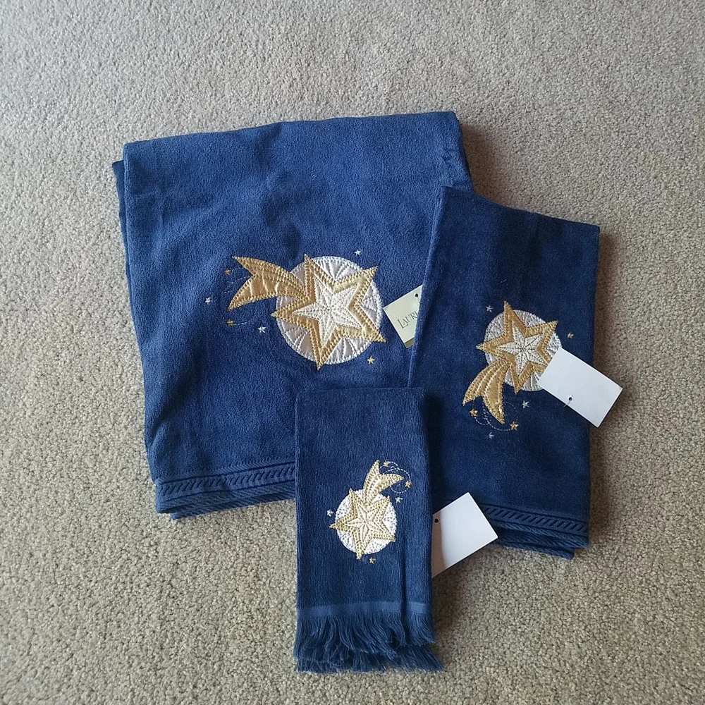 Laurel Canyon Bathworks Celestial Navy Blue Sun Moon Stars 3-pc Towel Set NWT